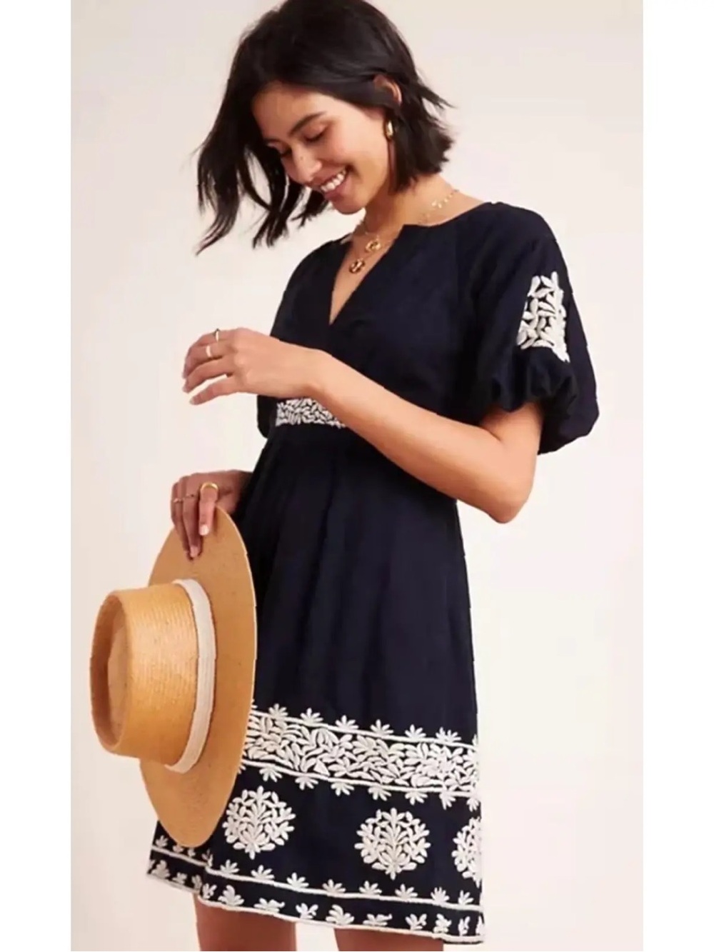 Anthropologie Navy Mini Dress with Cream Embroidery